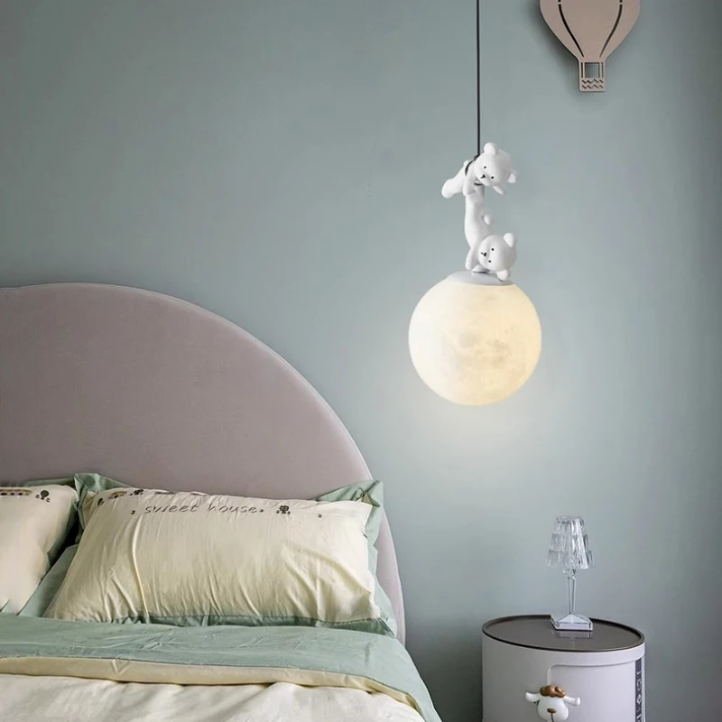 White Bear Pendant Light LED Children's Room Bedside Lamp Minimalist Modern Boy Girl Bedroom Nursery Youth Room Suspension Lamps