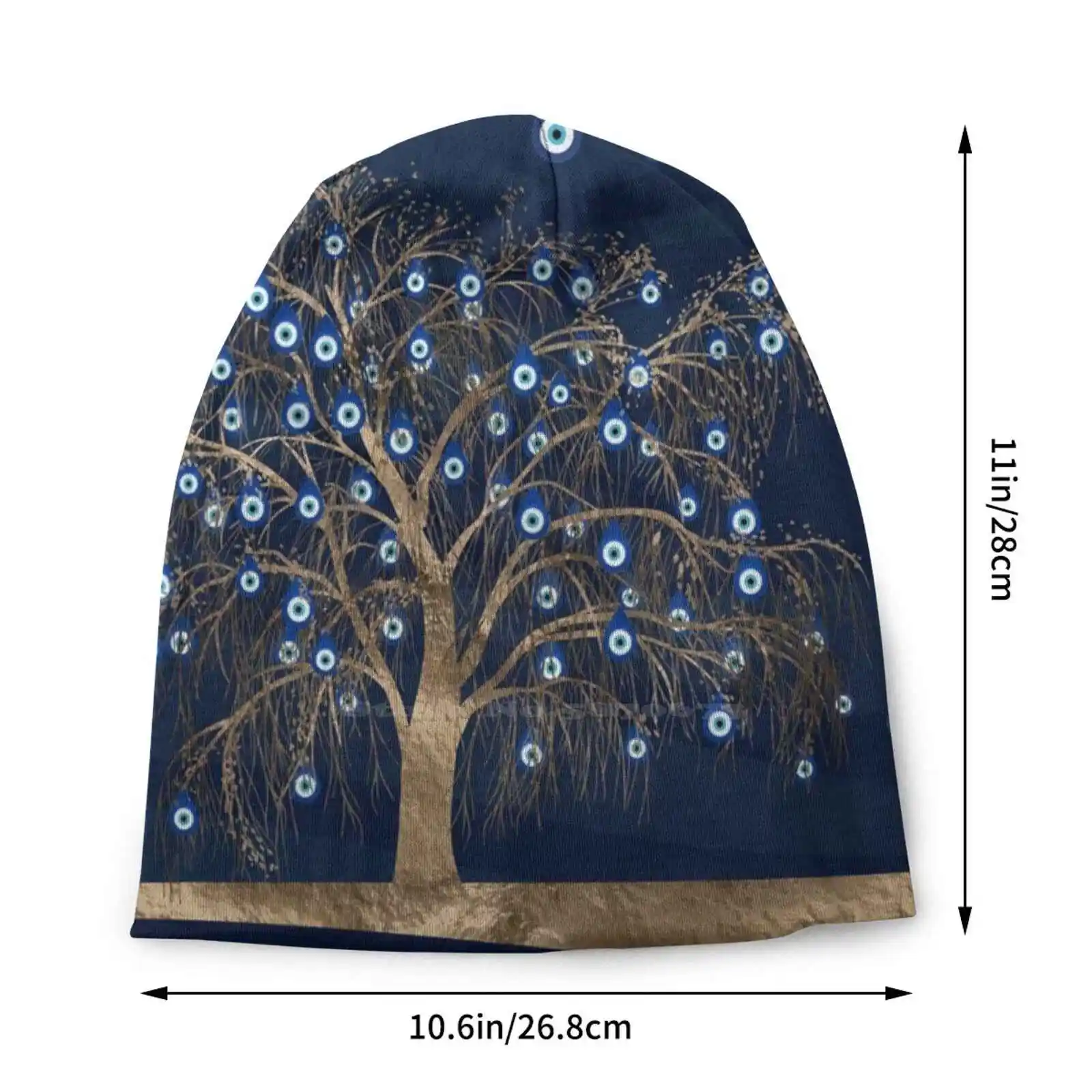 Nazar Charm Tree-Gold On Dark Blue Knitted Hat Warm Beanie Outdoor Caps Nazar Charm Nazar Eye Tree Nazar Pattern Turkish Eye