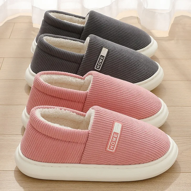 

Fashion Women Winter Thick Sole Warm Cotton Shoes Home Flats Concise Men Cotton Slippers Bedroom Couples Anti-Slip Furry Slides