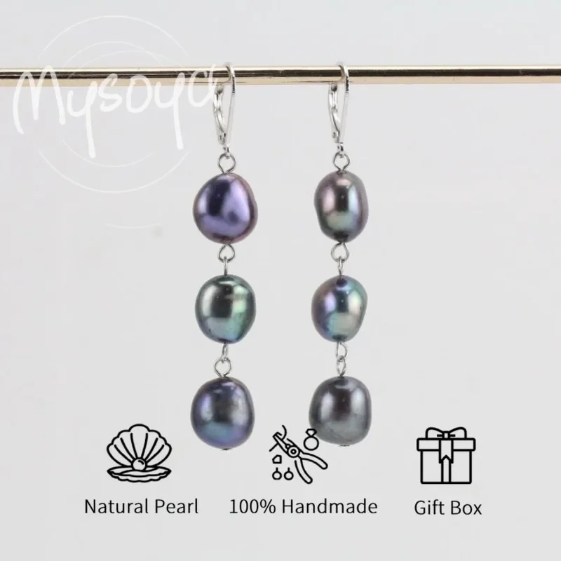 

MYSOYA Black Freshwater Pearl Earrings 8-9mm With Gift Box Birthday/Wedding/Christmas/New Year/Anniversary Gift, for Her/Him