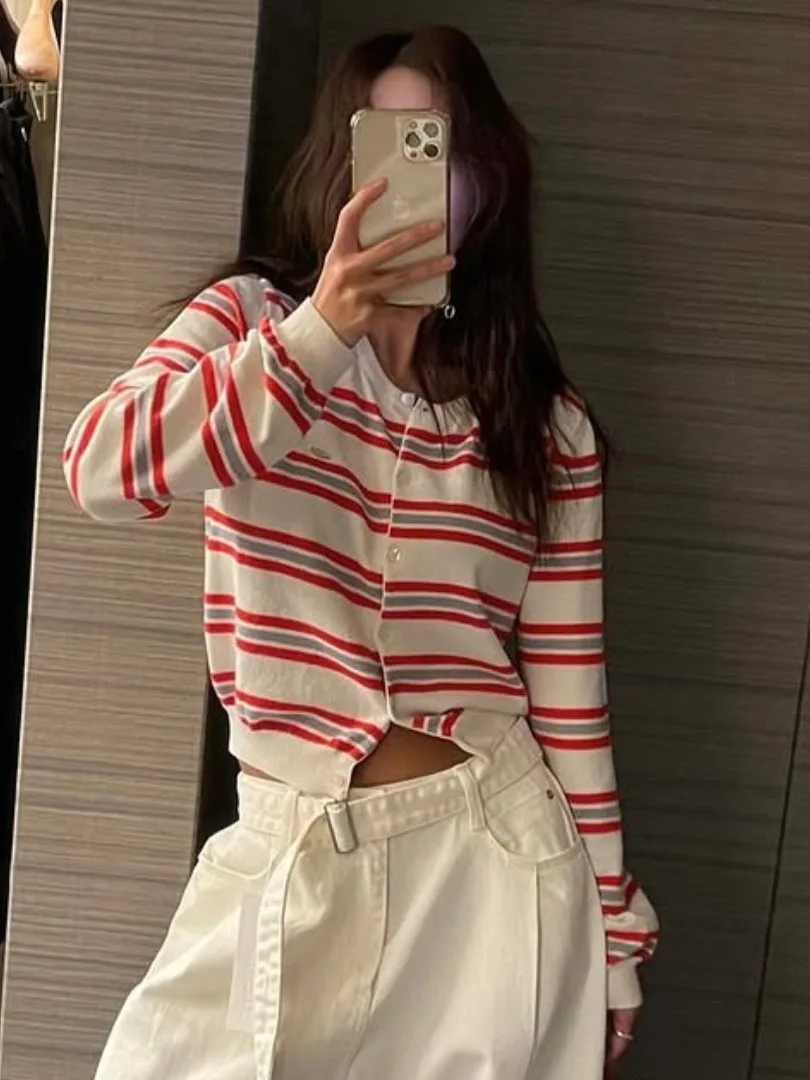 

Chic Spring New Classic Color Blo Striped round Ne Button up Soft Knitted Open Cardigan for Women Comfortable Casual Sle