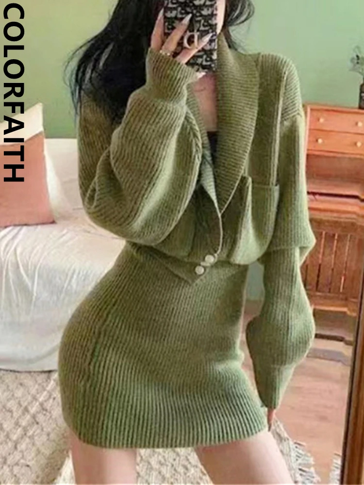 

Colorfaith WS9081JX Новинка 2023, винтажные комплекты из 2 предметов, элегантные женские вязаные кардиганы с мини-юбками, осенне-зимние женские костюмы