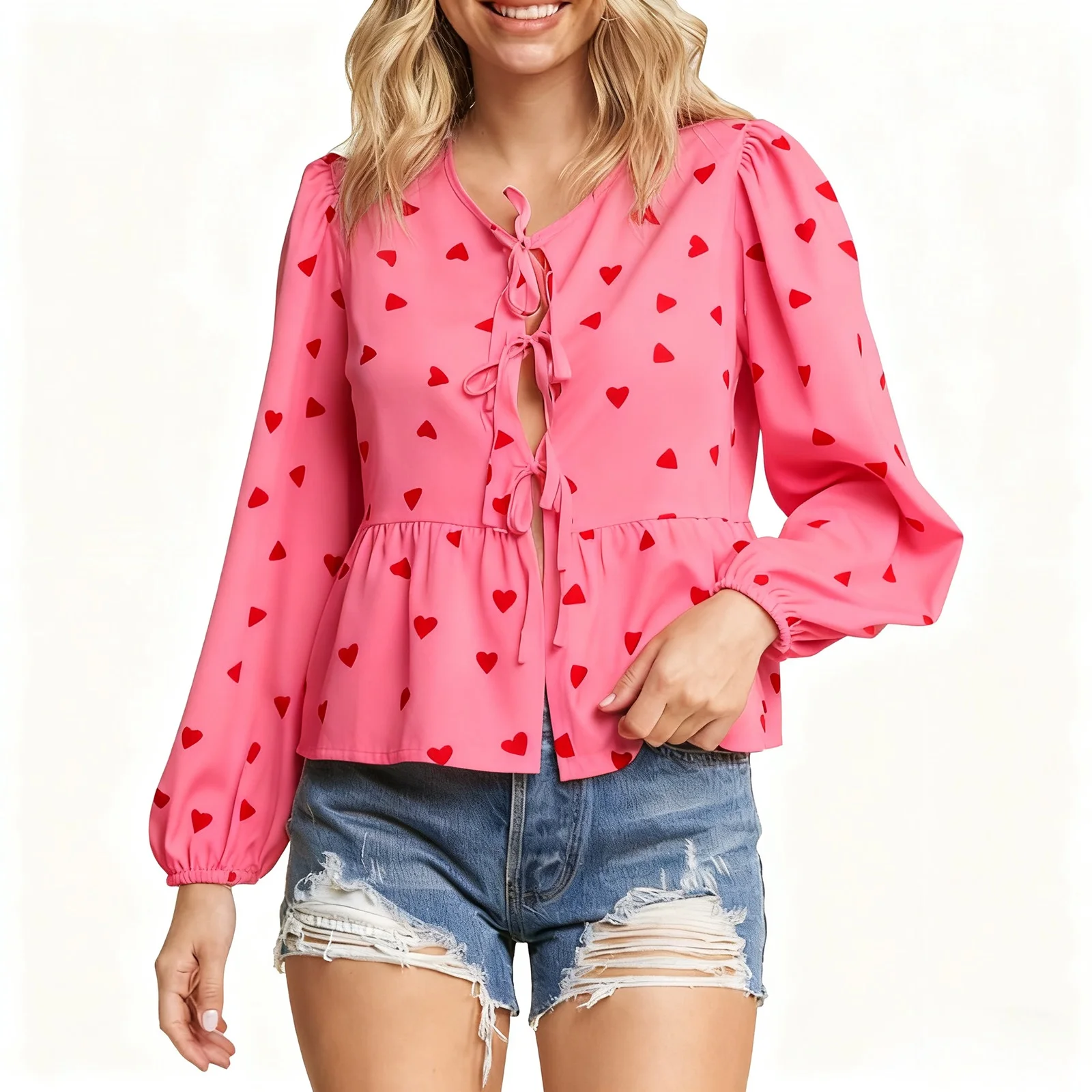 

Women's Heart Print Blouse Lantern Long Sleeve V Neck Bow Tie Front Loose Fit Babydoll Tops Streetwear