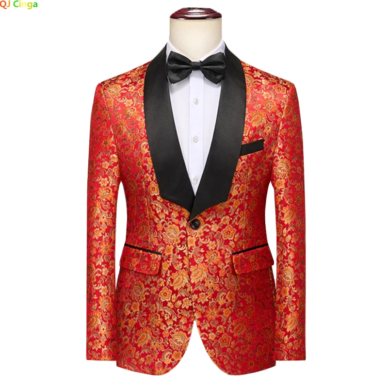 Red Printed Suit Jacket Men, Fashion Slim Dress Coat, A Variety of Embroidery Patterns To Choose From Blazer