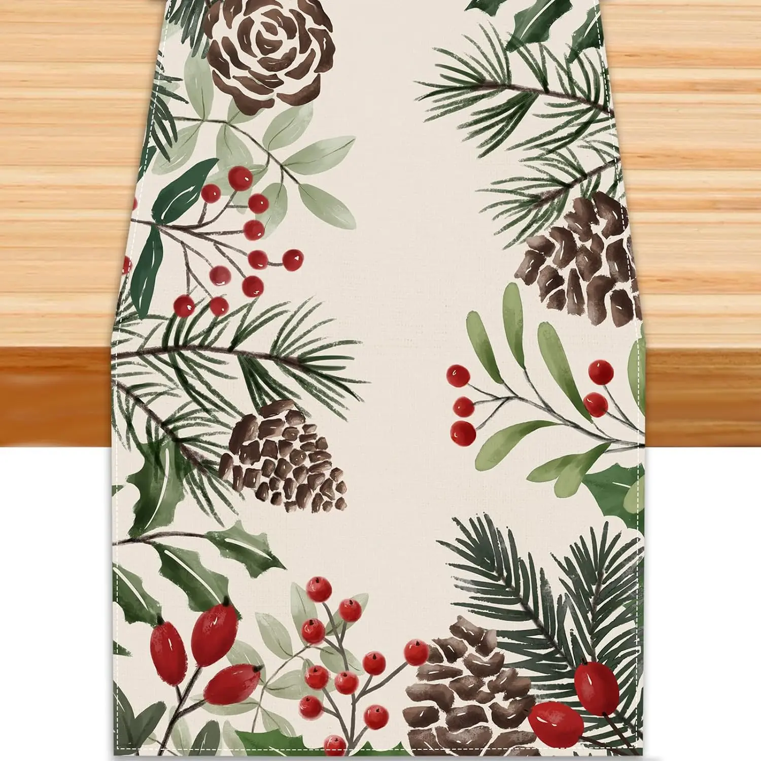 Christmas Winter Table Runner, Holly Berry Pine Cone Needle Branch Farmhouse Kitchen Dining Indoor Xmas Holiday Party Decor