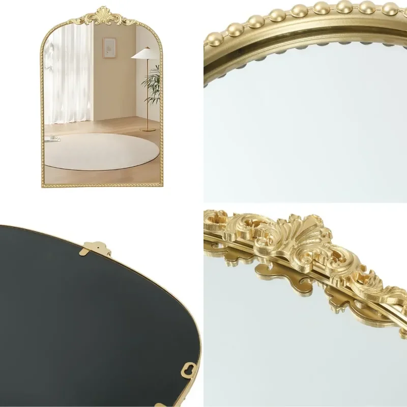 For French Arched Full Length Mirror Carved Wall Mounted Floor to Ceiling Makeup Mirror European Style Bedroom Decor Light