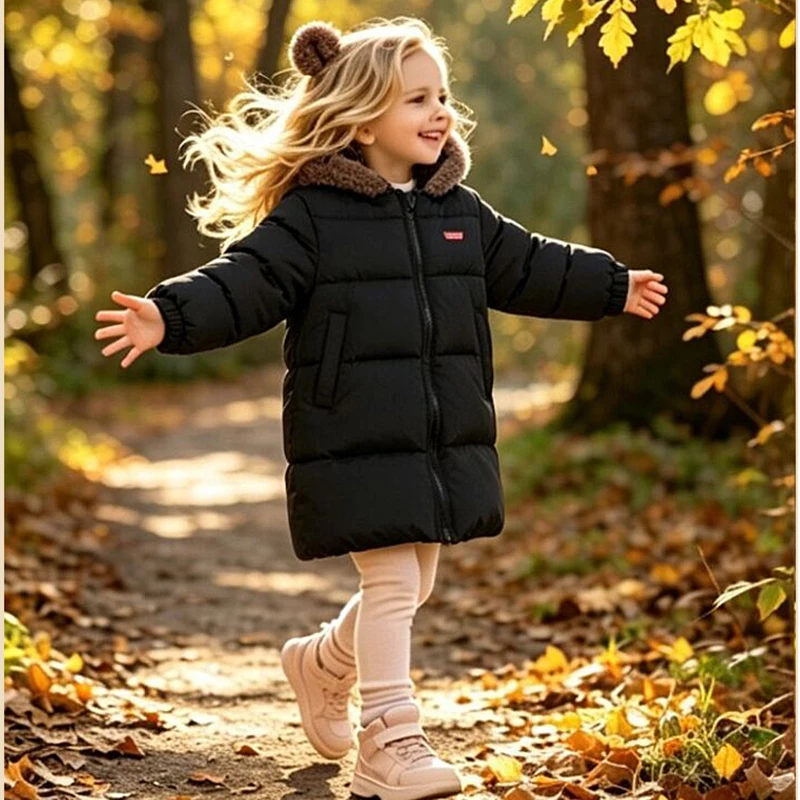 Jacket Winter Girls Boys Jacket Long Solid Lamb Fleece Lining Thick Warm Hooded Zipper Outwear For Kids Cotton Snowsuit 2-8 Y