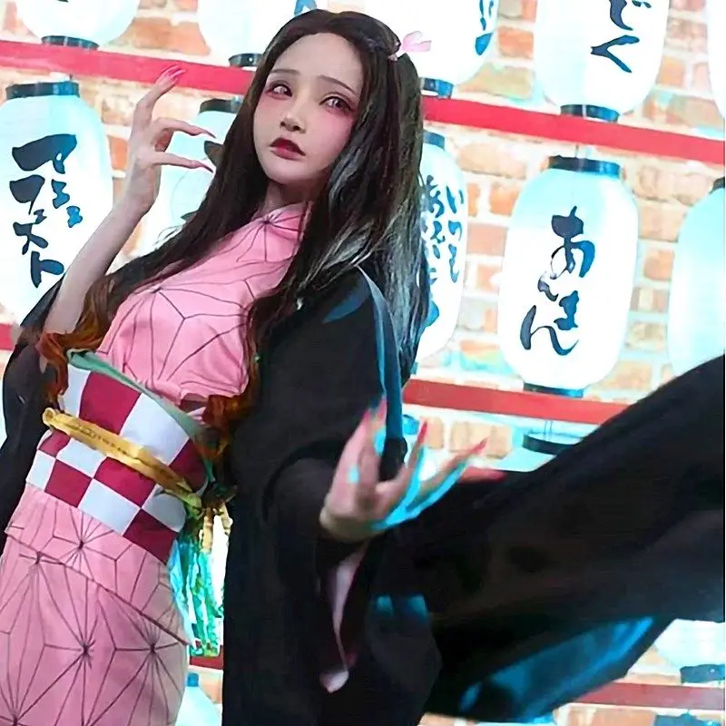 Kamado Nezuko Anime Cosplay Costume, Kimono, Perruque, Uniforme, Hallween, Femmes, Enfants