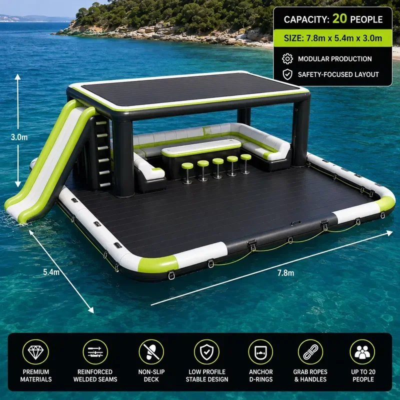 Inflatable Floating Water Lounge Island with Slide Shade Roof Sofa Table for Hotel Resort Rental Wholesale Supply
