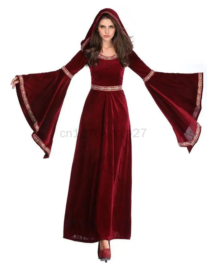 Medieval Retro Victorian Dress For Women Halloween Party Vampire Witch Costume Gothic Red Flare Sleeve Hood Long Dress Vestidos