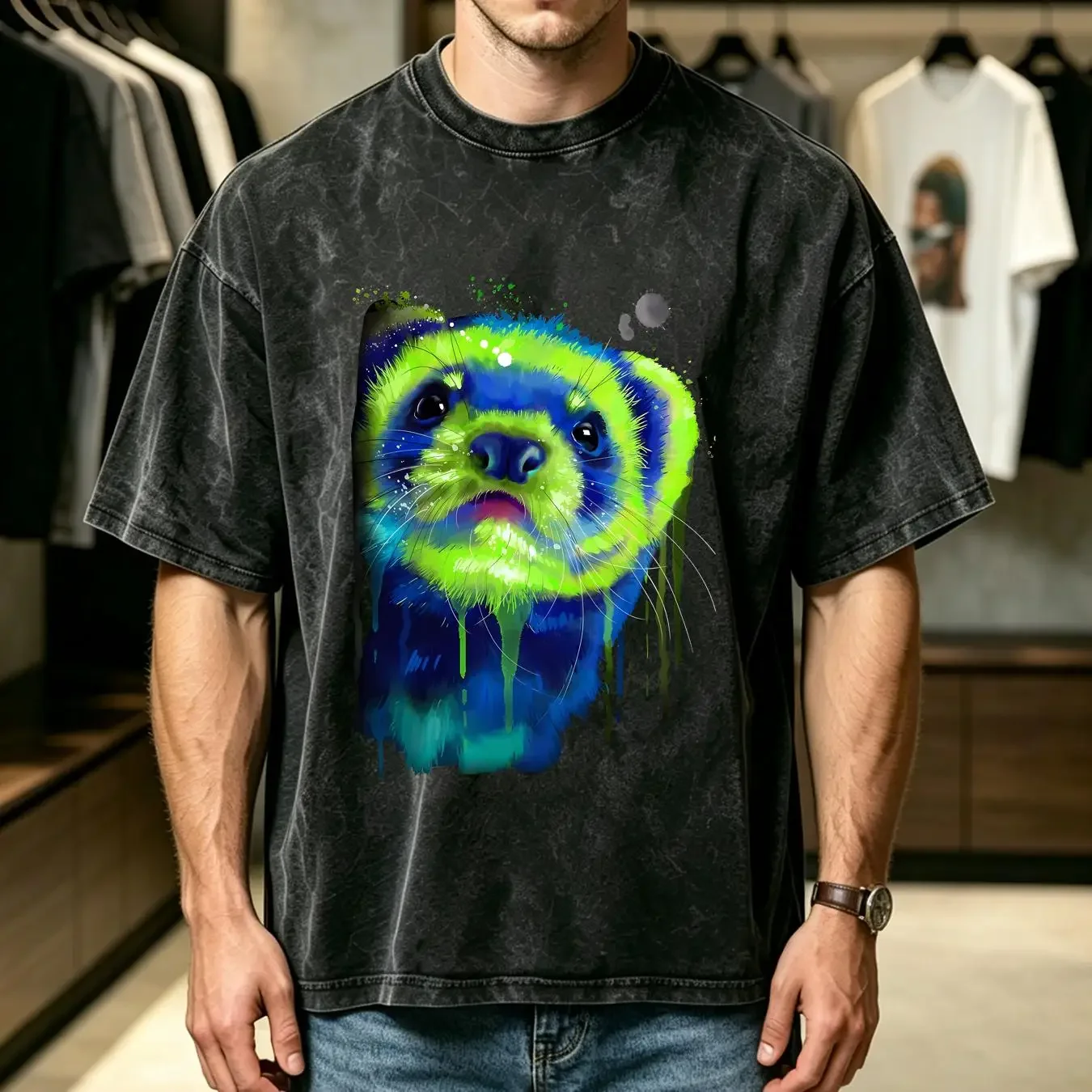 washed T Shirt A Ferret Watercolour Mens 100 Cotton vintage Washed streetwear Comfortable Stylish Top For Everyday Wear Soft