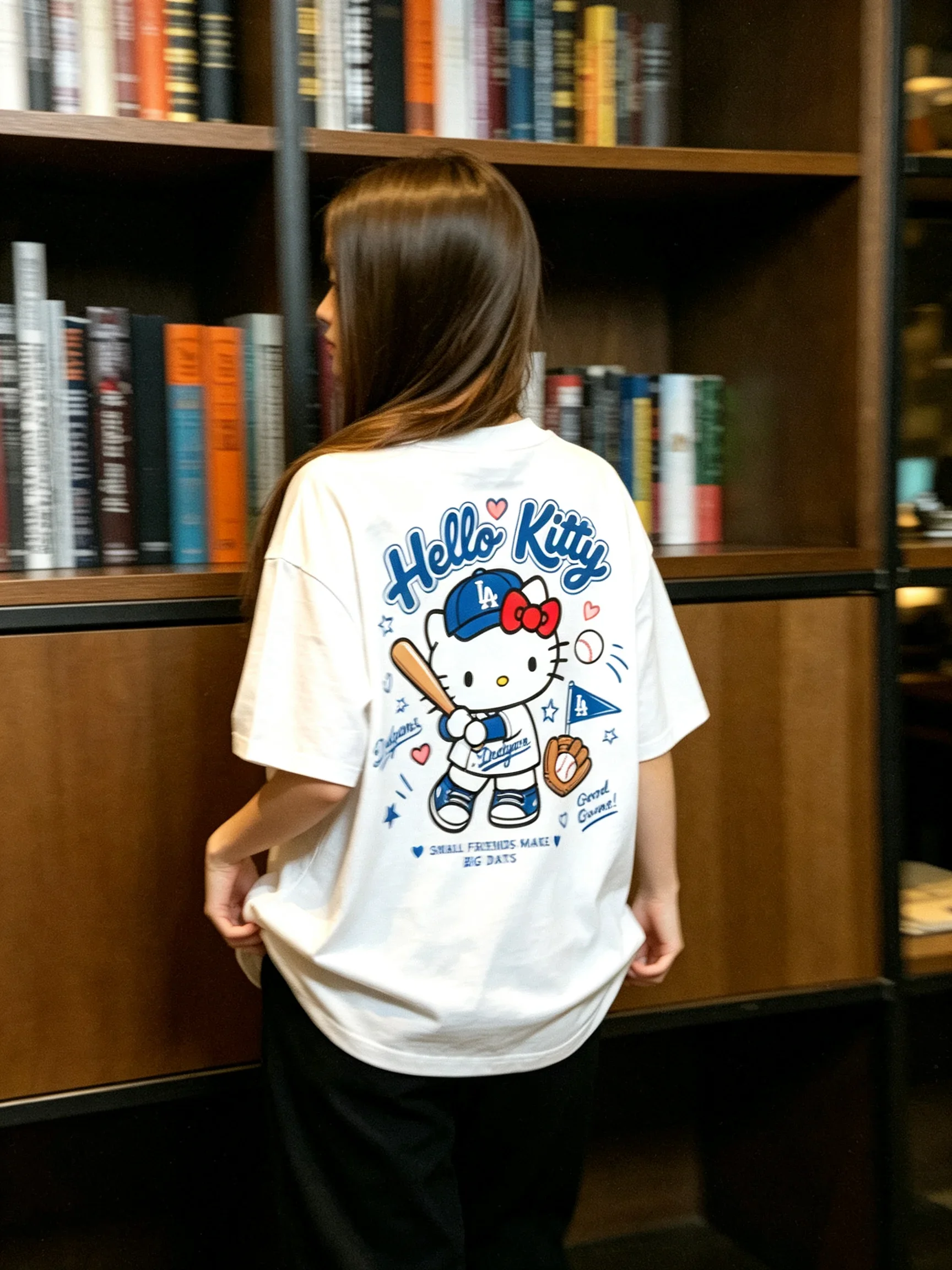 White T Shirt Sanrio Hello Kitty Dodgers Baseball Good Games Parent Child Kawaii Cute Print Men's Women's Sporty Streetwear Top