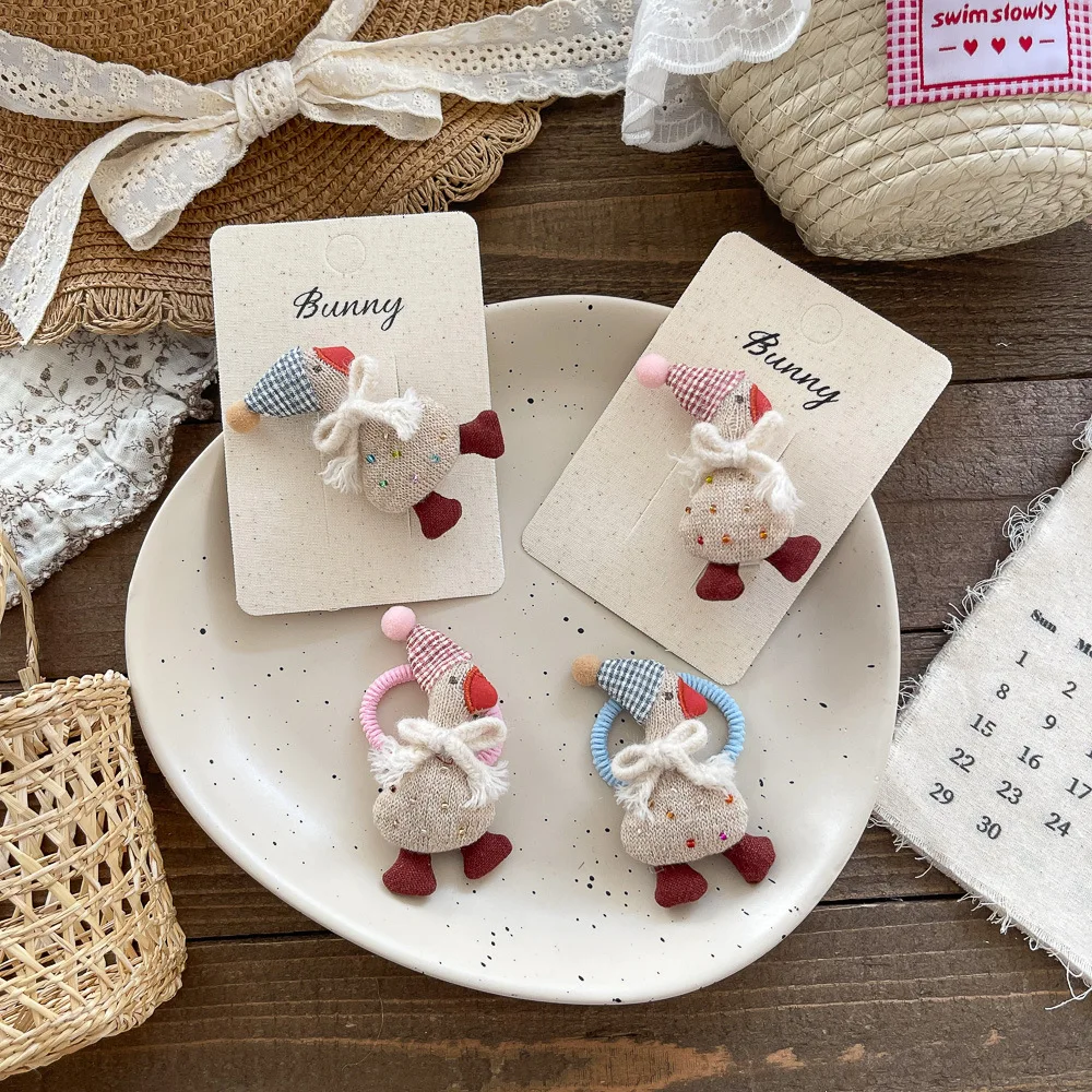Cartoon Cute Bow Duck Hairpins Beads Wearing Hat Duck Children's Elastic Hair Band Bangs Side Clip Rubber Bands Hair Accessories