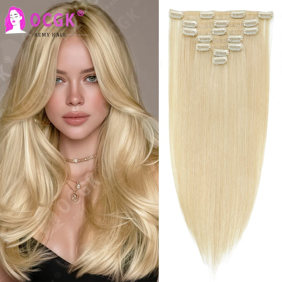 Clip in Hair Extensions Real Remy Human Hair Invisible Natural Straight Silky Weft, Daily Wear for Women Color 613 Light Blonde