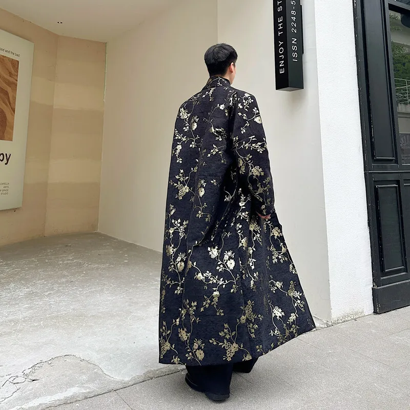 [OIMG] Medium To Long Lace Up Trench Coat With Chinese Floral Pattern, Long Silhouette Coat