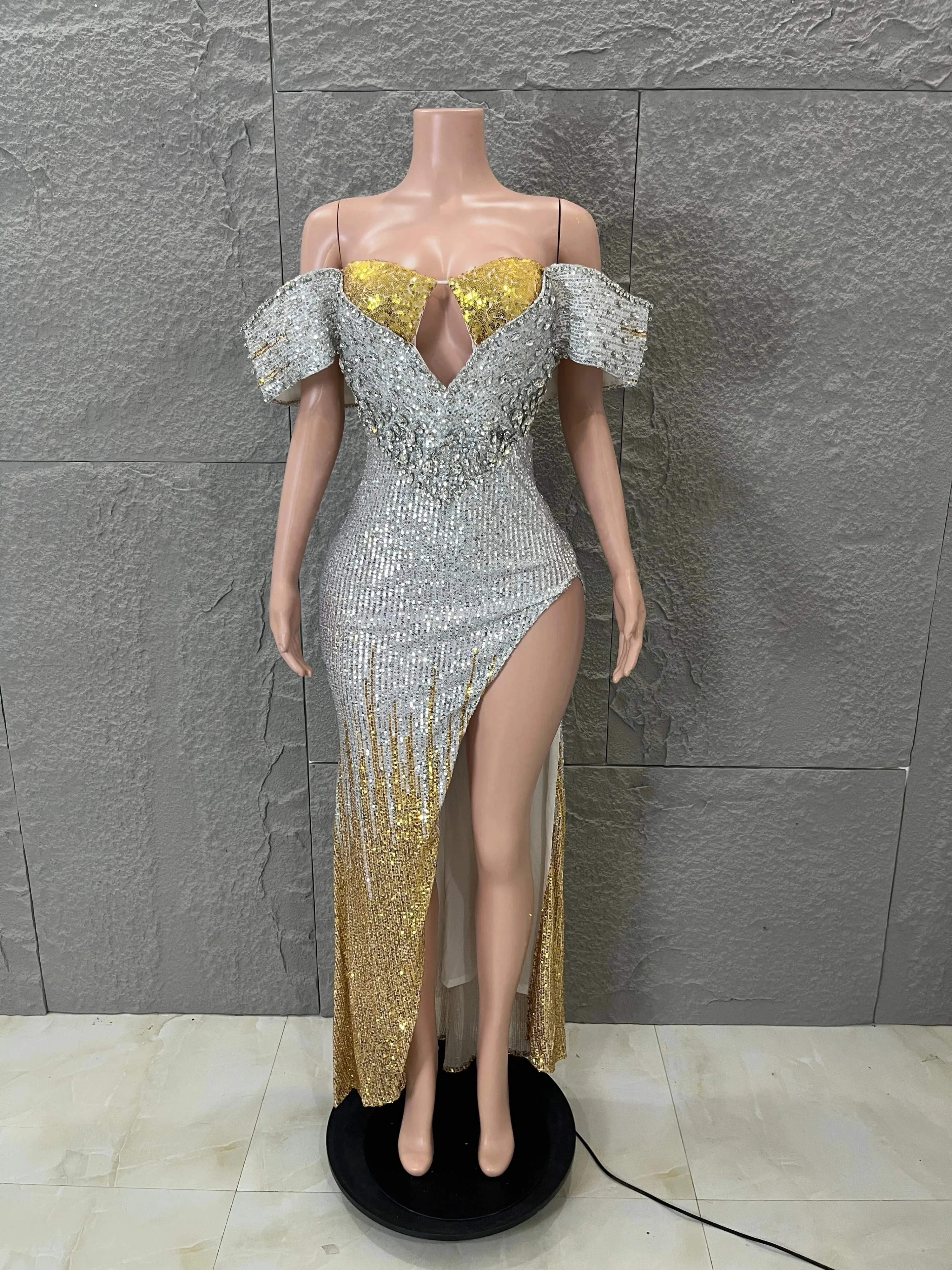 

Glamorous Ombre Silver Gold Sequin Dress Off Shoulder Short Sleeve Deep V Neck High Slit Evening Birthday Nightclub Outfit