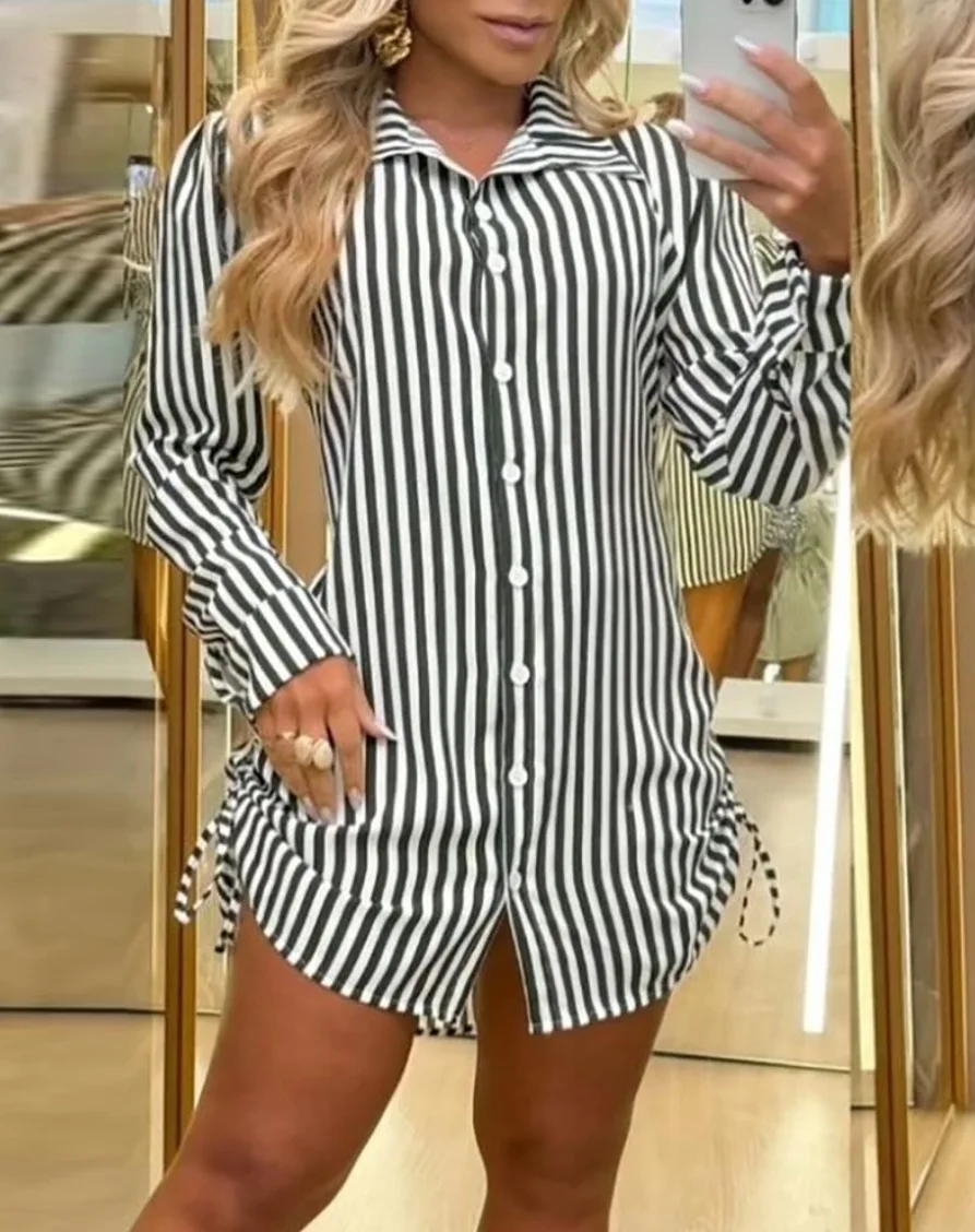 Spring Autumn Sexy Drawstring Shirt Dress For Women Fashion Striped Print Full Sleeve Button Mini Dresses 2024 New Long Shirt