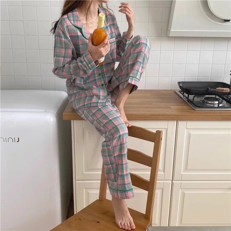 Women\'s Pajama Set Spring Summer 2 Piece Plaid Pyjama Pocket Buttons Down Sleepwear Long Sleeve Pijama Mujer Pjs Homewear