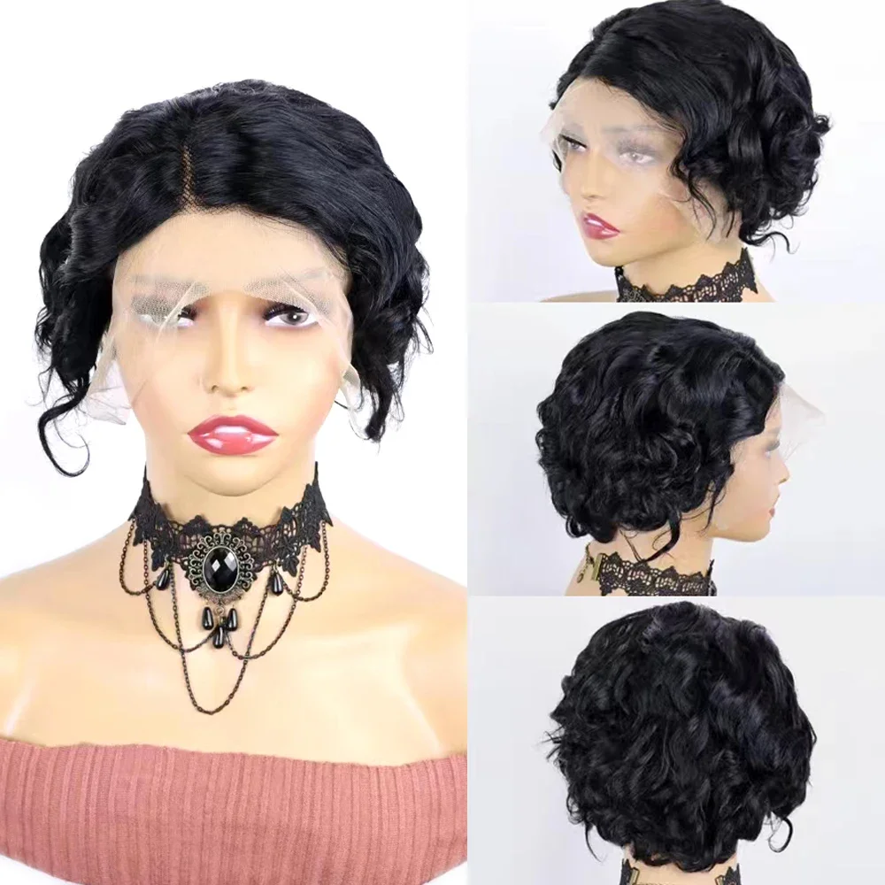 Short Pixie Cut Wig Human Hair 13X4 Transparent Lace Frontal Wig Preplucked Side Part Curly Human Hair Wigs for Black Women