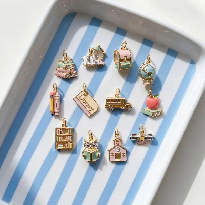 Back to School Theme Charm Necklace, Cute Enamel Pendant Necklace with Globe Bus Book Charms, Graduation Jewelry