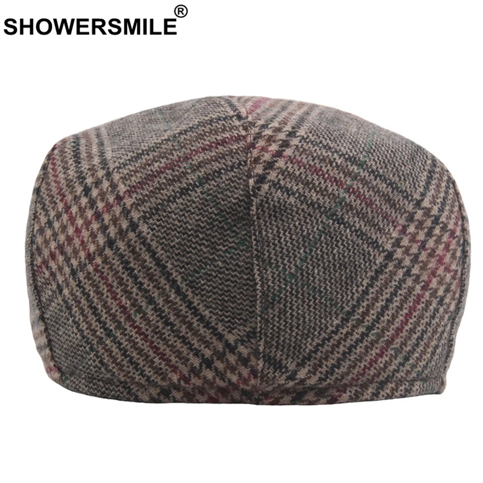 SHOWERSMILE Classic Wool Flat Cap for Men Beret Hat Tweed Wool Plaid Male Vintage Flat Cap British Style Spring Autumn Ivy Caps