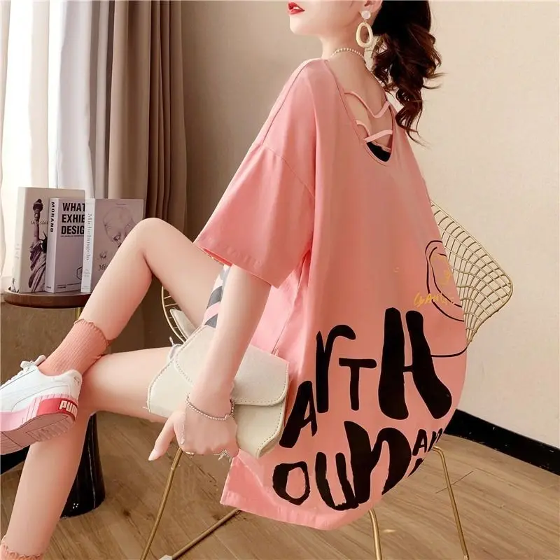 2025 Summer Fashion Backless Women's Clothing Korean Casual V-Neck Pullovers Young Style Letter Printed T-shirt Streetwear Loose