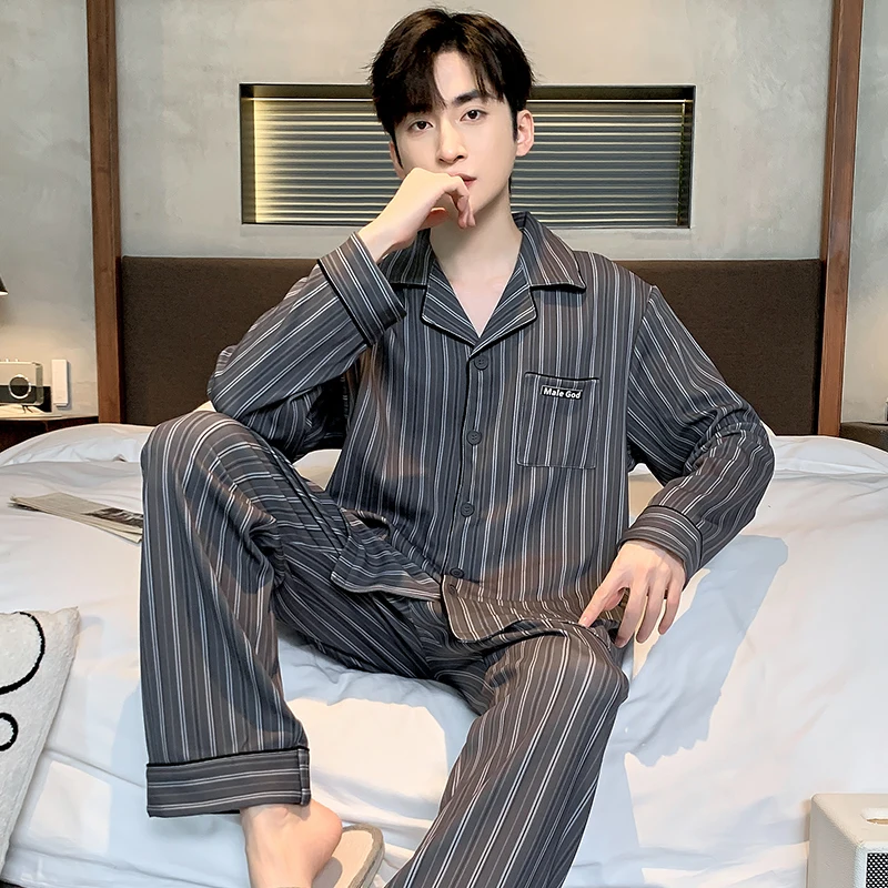 

Модные осенние полосатые пижамные комплекты с лацканами для мужчин, длинные брюки, хлопковая мужская одежда для сна, большие ярды, L-4XL, домашняя одежда, одежда для сна для отдыха