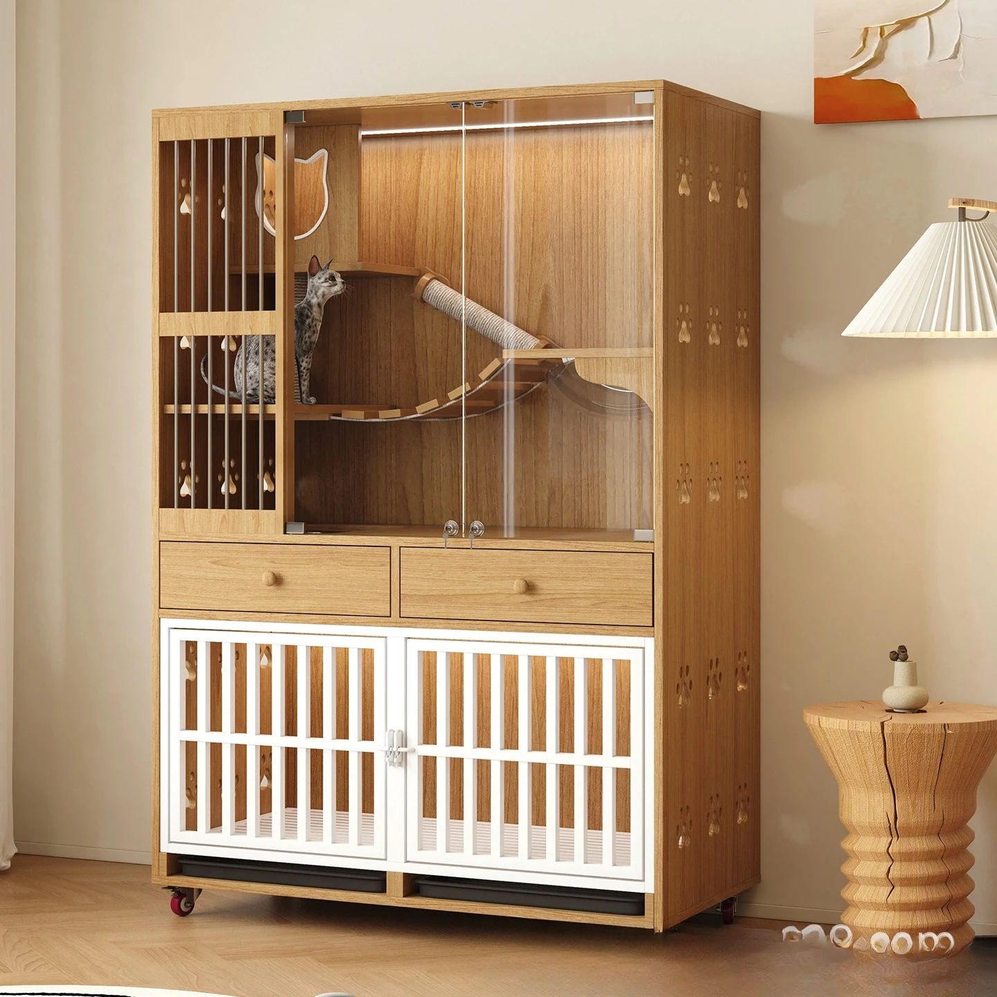 dog integrated cabinet Upper cage Lower dog cage Solid wood two-layer large space villa with stainless steel