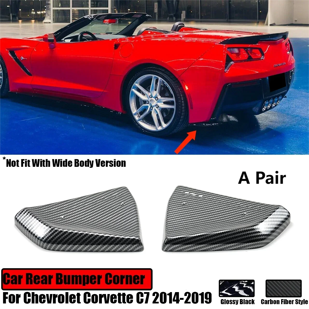 For Chevrolet Corvette C7 2014-2019 Car Rear Bumper Corner Side Diffusers Splitter Spoiler Fender Glossy Black Carbon Fiber Look