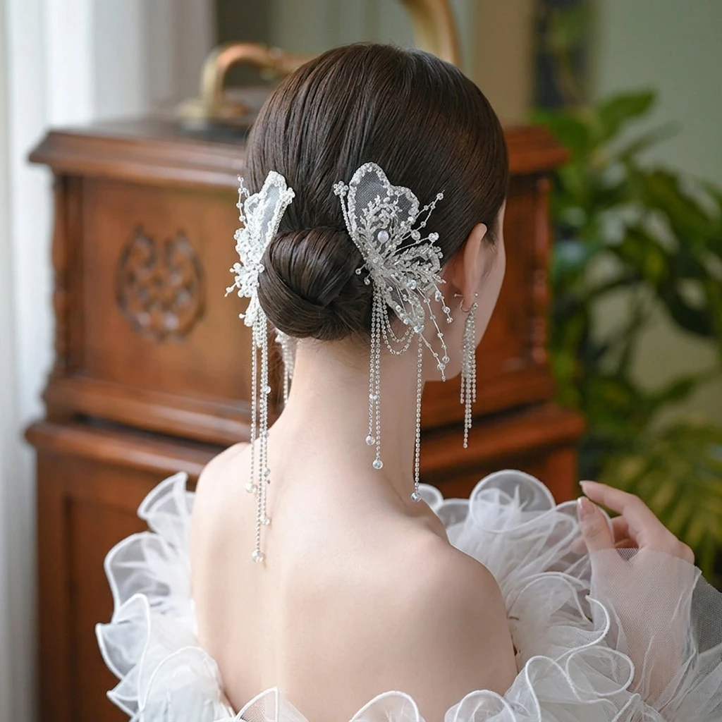 

Korean Bridal Crystal Veil Bows Hair Clip With Tassels For Wedding Ceremony