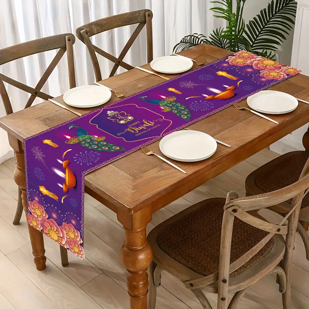 Happy Diwali Festival of Lights Linen Table Runner Holiday Party Decor Reusable Kitchen Dining Table Runner Diwali Decorations