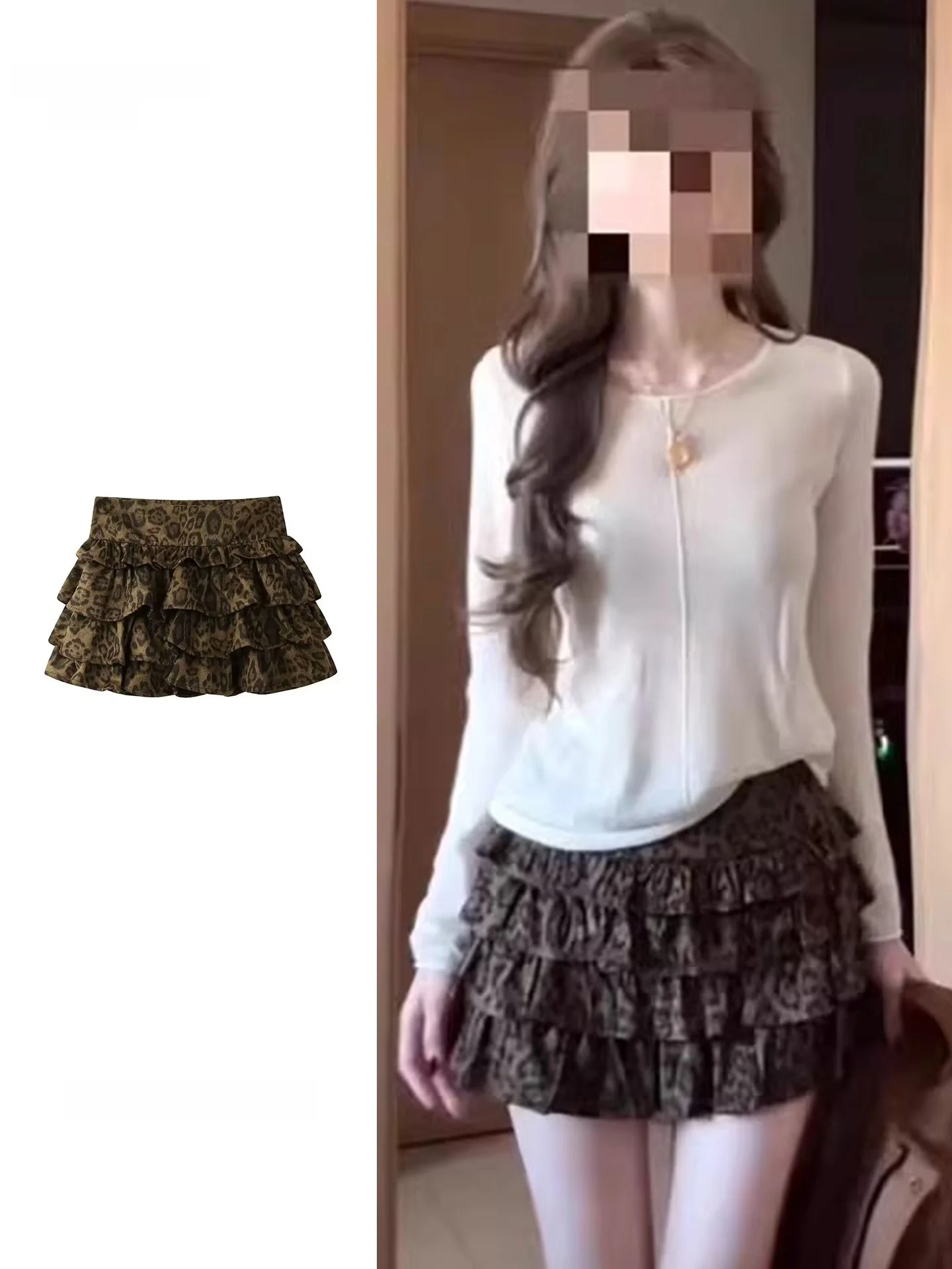 High Waist Cake Short Skirt for Women Spring New Style American Retro Leopard Print Splice Slimming Half Body Skirt