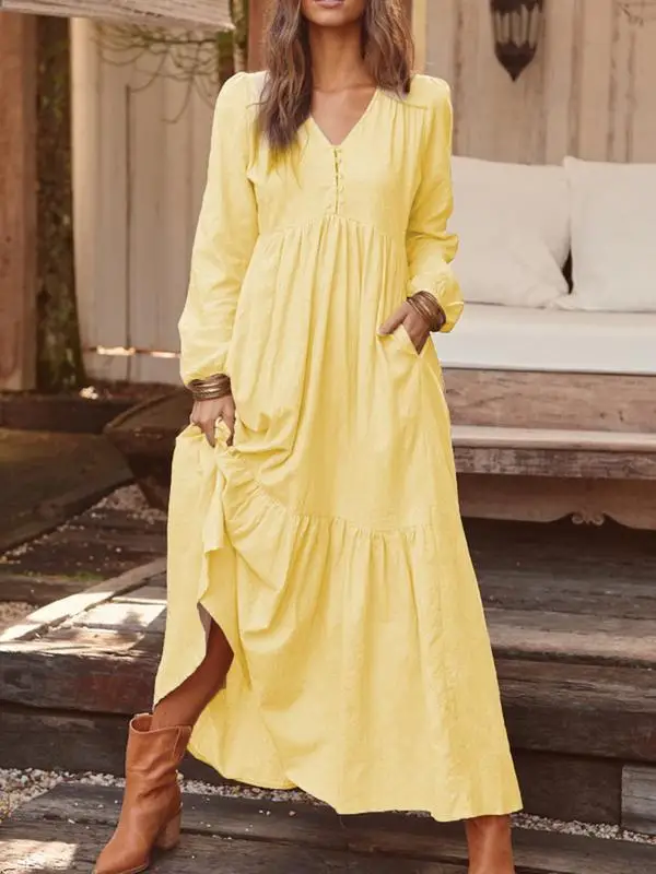 

Elegant Solid Long Sleeved High Waist Dress For Women Spring Summer Fashion Button V Neck Big Hem Dresses 2024 New Lady Robe
