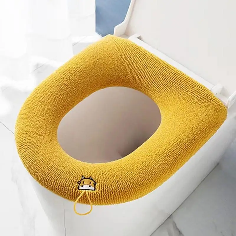 Toilet Seat Cover Pad Bathroom Soft Thicker Warmer With Lifter Stretchable Washable Fabric Easy Installation Soft Warmer Cushion