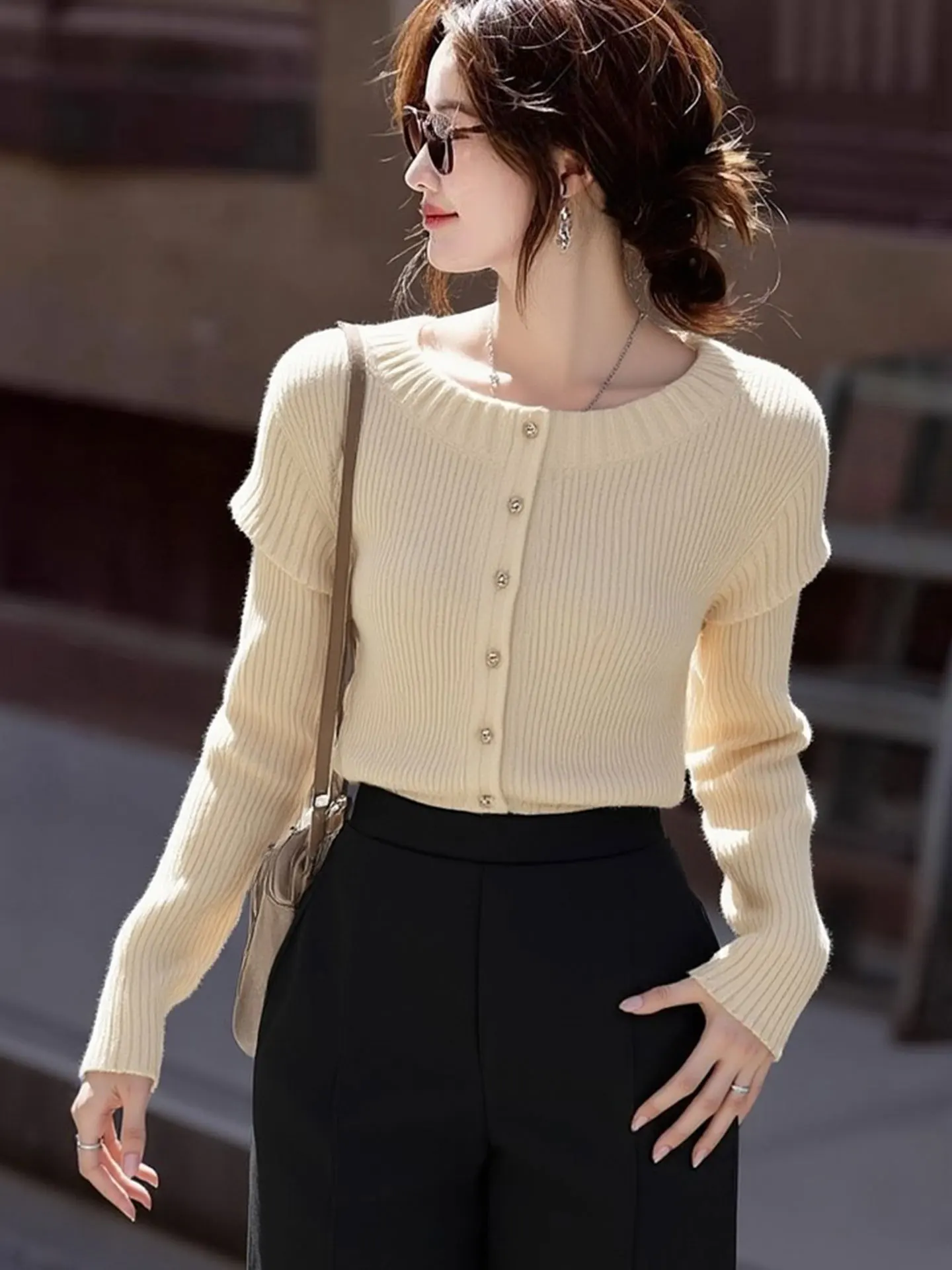 

Ele Knitted Long Sve Women's Sweater Casual Open Cardigan Winter Sle Pure Color Single Button Design Commute Friendly