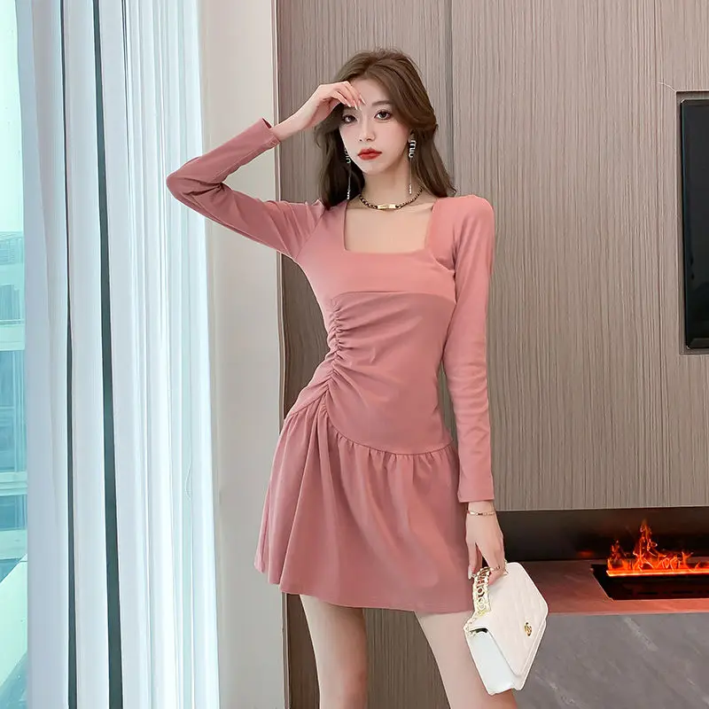 

Hepburn Style Fashion Square Collar Dress Pleated Nipped Waist Design Slim-Fit Long-Sleeved Midi Skirt Women Sexy A- Line Dress