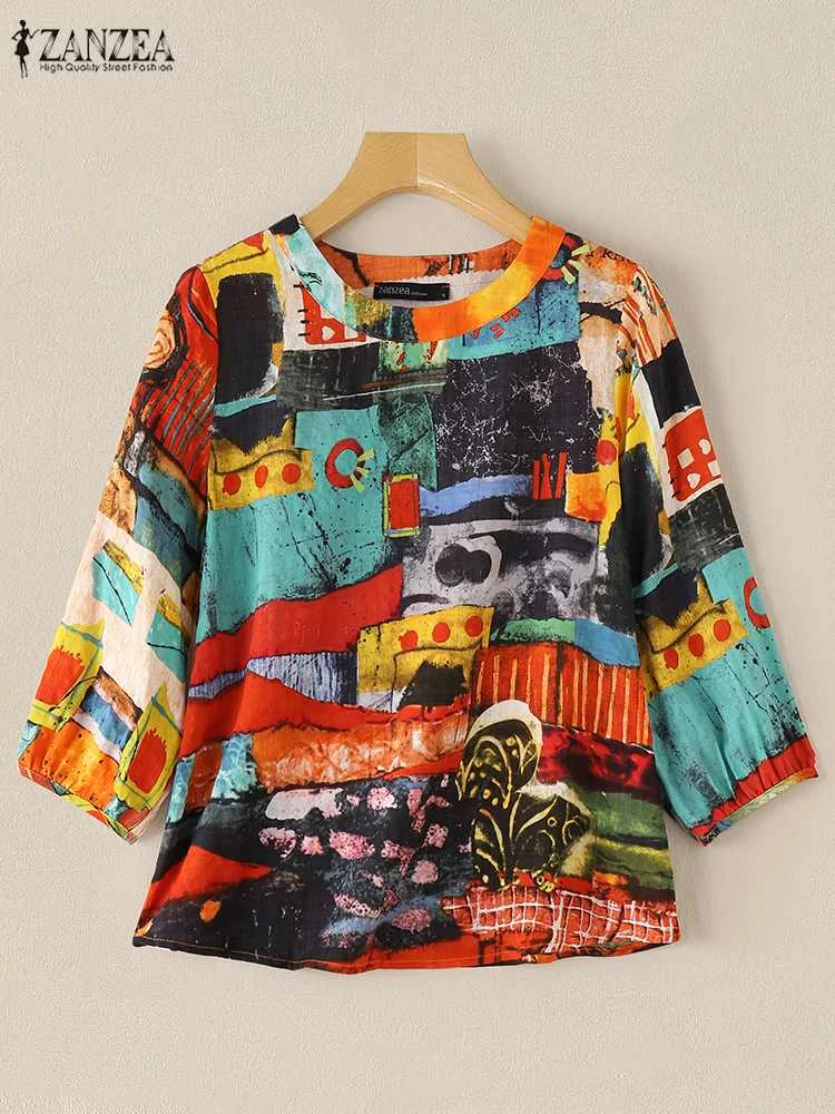 ZANZEA Autumn 2024 Casual 3/4 Sleeve Blouses Women Vintage Loose All-Over Printed O Neck Blusas Mujer Holiday Leisure Tunic Tops