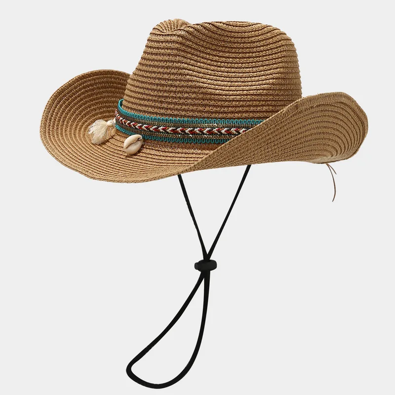 Bohemian Shell Decor Cowboy Straw Hat Wide Brim UV Protection Summer Beach Sun Hat with Chin Strap for Women Men