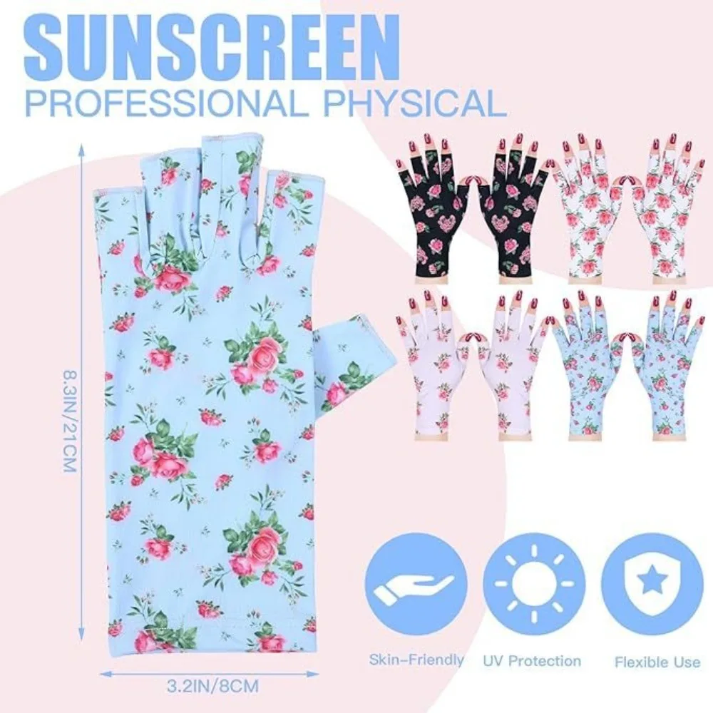 Новые солнцезащитные перчатки с половиной пальца, сенсорный экран, ледяные шелковые перчатки с цветочным принтом, анти-УФ-дышащие варежки для дизайна ногтей, летние