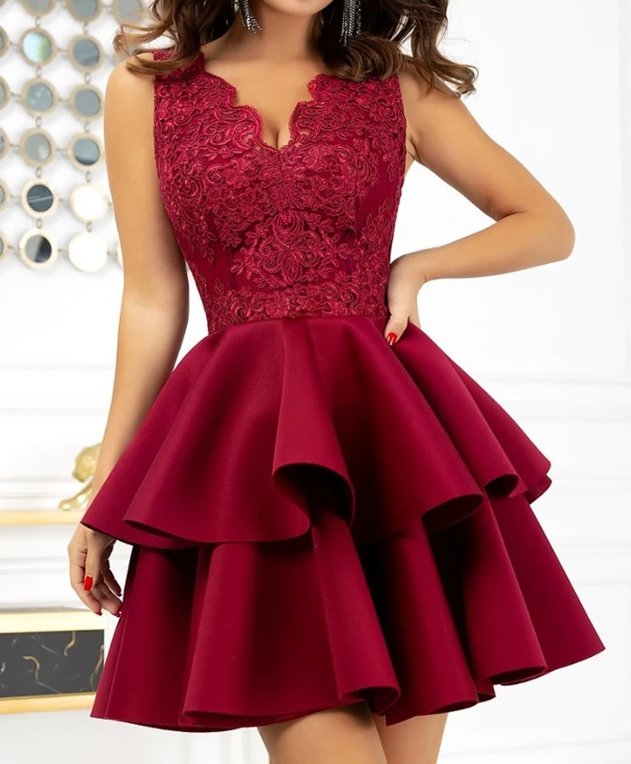 Lace V-neck sleeveless zipper design waist cinching mini dress for women's new fashionable and elegant party dress