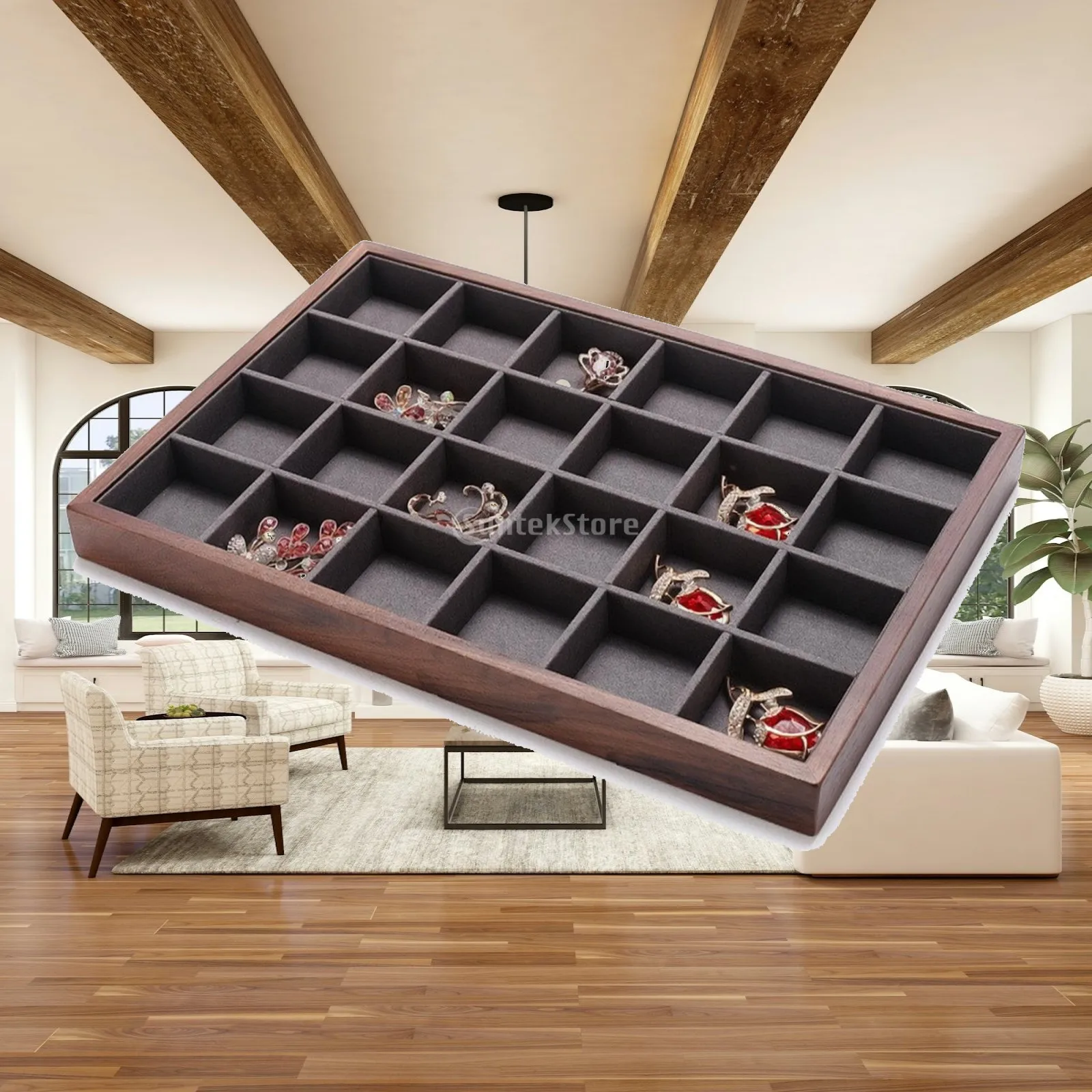 Jewelry Display Tray with 24 Compartments Compact Compartment Jewelry Tray Earring Organizer Velvet Shallow for Retailers