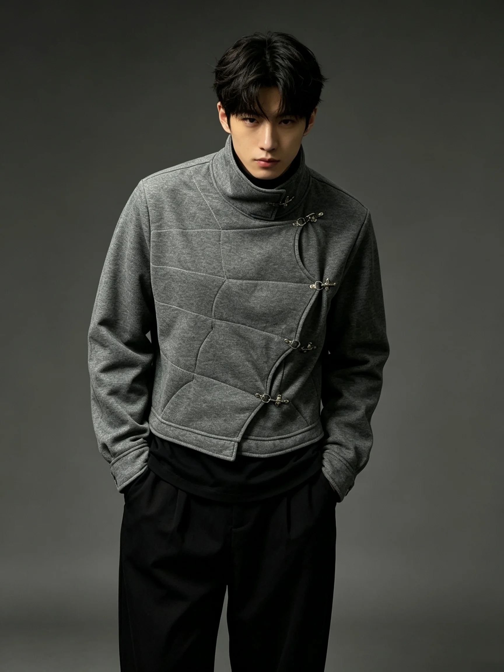 American style dark metal buckle decoration niche design unisex stand up collar jacket loose casual jacket