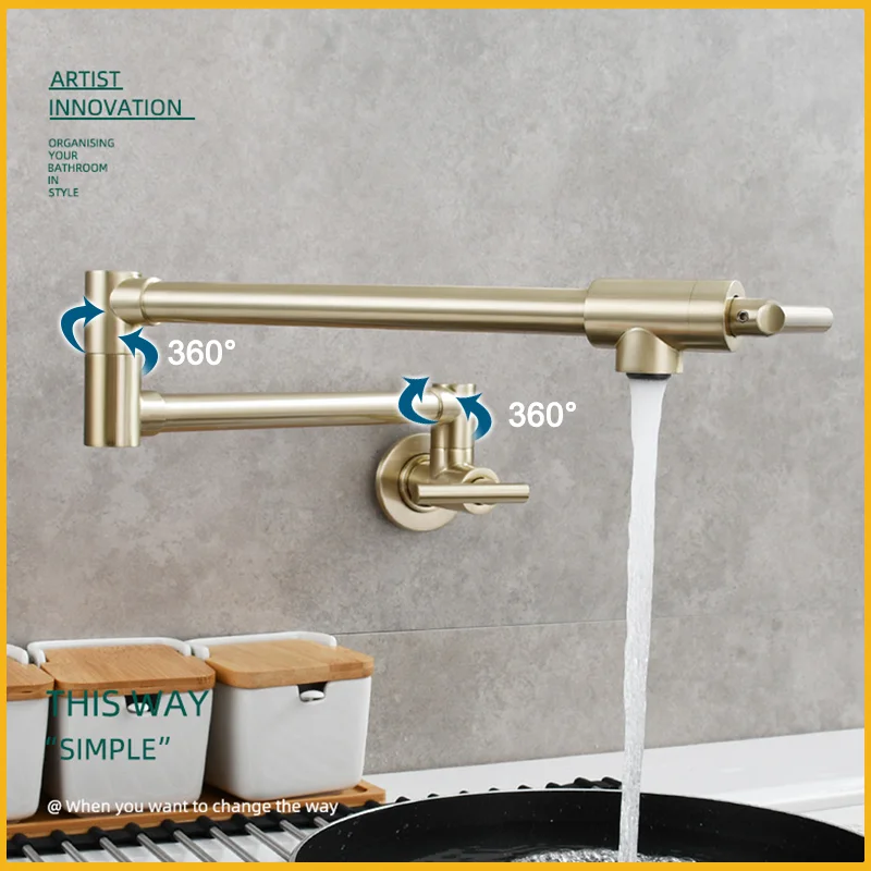 Brass Wall Mount Foldable Kitchen Faucet Brushed Gold Single Cool Single Hole Double Handle Sink Faucet Swivel Telescopic Spout