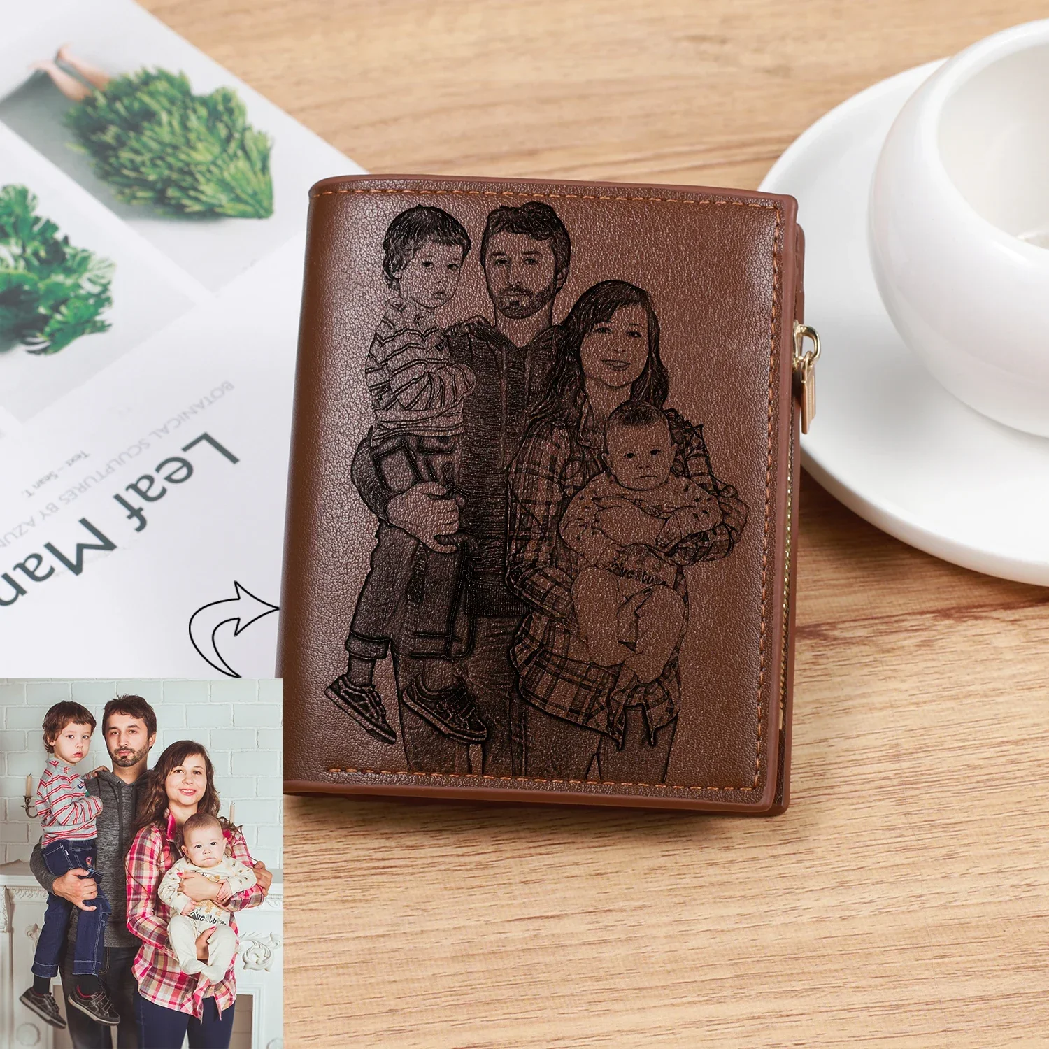 Custom Photo Name Man's Engraving Wallets Personalized High Quality Zippered PU Leather Wallet To Store Phone Cards Coin Purse
