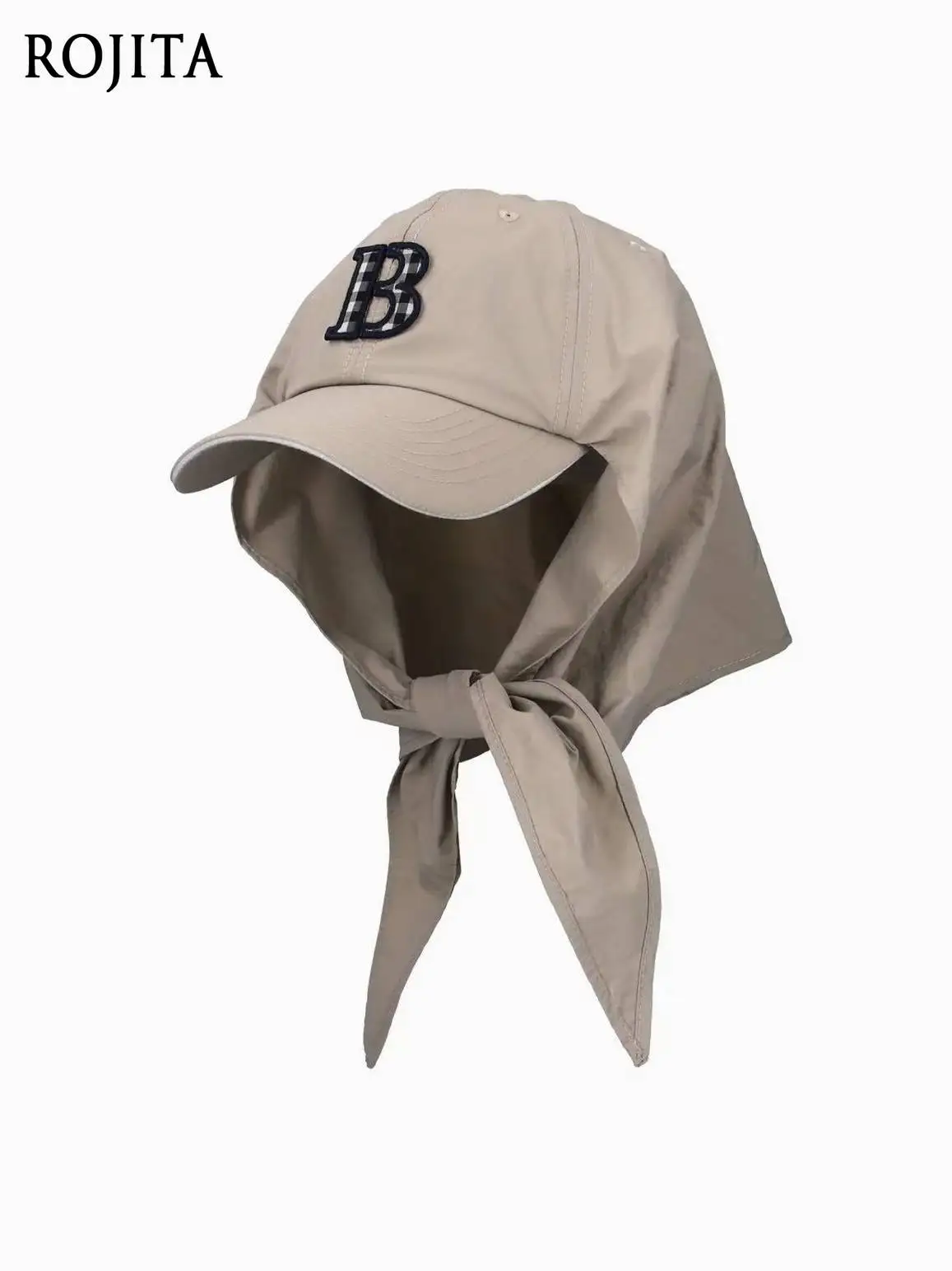 Women Summer Neck Flap Sun Hat Letter Embroidery Sunshade Cap Vintage Solid Color Bowknot Tie Back Visor Hat for Outdoor Travel