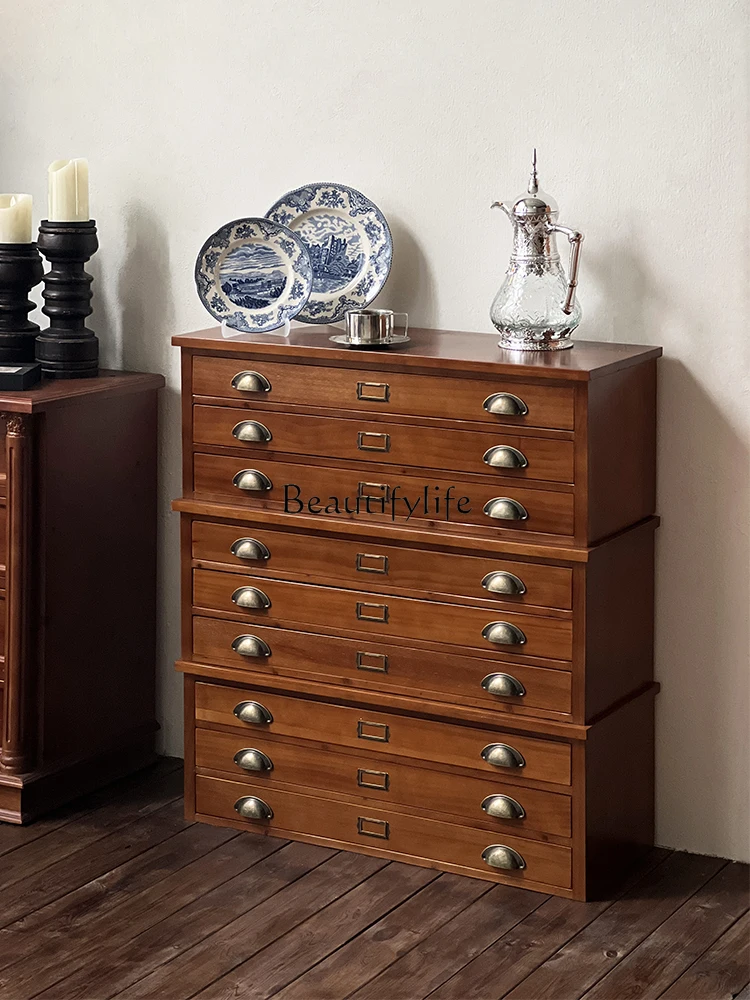 Retro Chest of Drawer Multi-Layer Storage Drawing File Cabinet Living Room Wall Cabinet Solid Wood Mid-Ancient Chest of Drawers