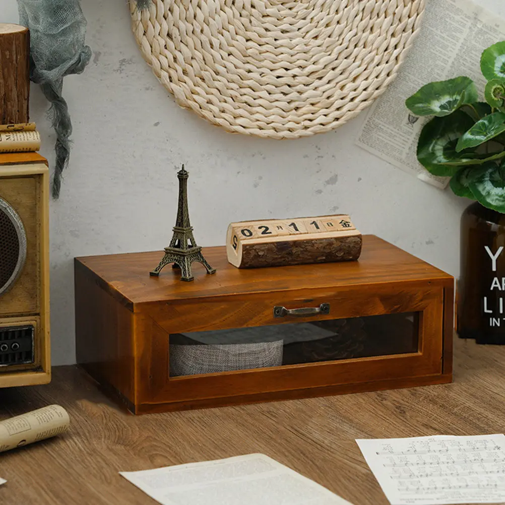 1Pcs Vintage Computer Elevating Rack Desktop Storage Box Wooden Acrylic Organizer Office Stand Monitor Riser Storage for Keys