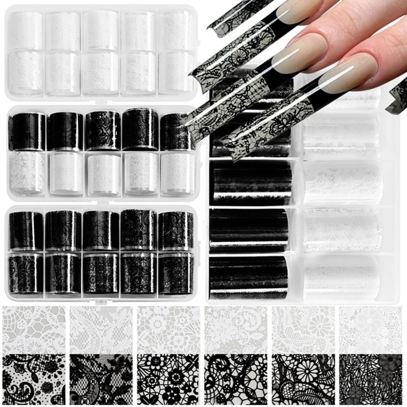 10 rouleaux de feuilles pour ongles en dentelle Sexy, 2.5x50cm, papier de transfert noir et blanc, autocollants pour Nail Art, rayures en dentelle, décalcomanies de manucure, décorations pour ongles
