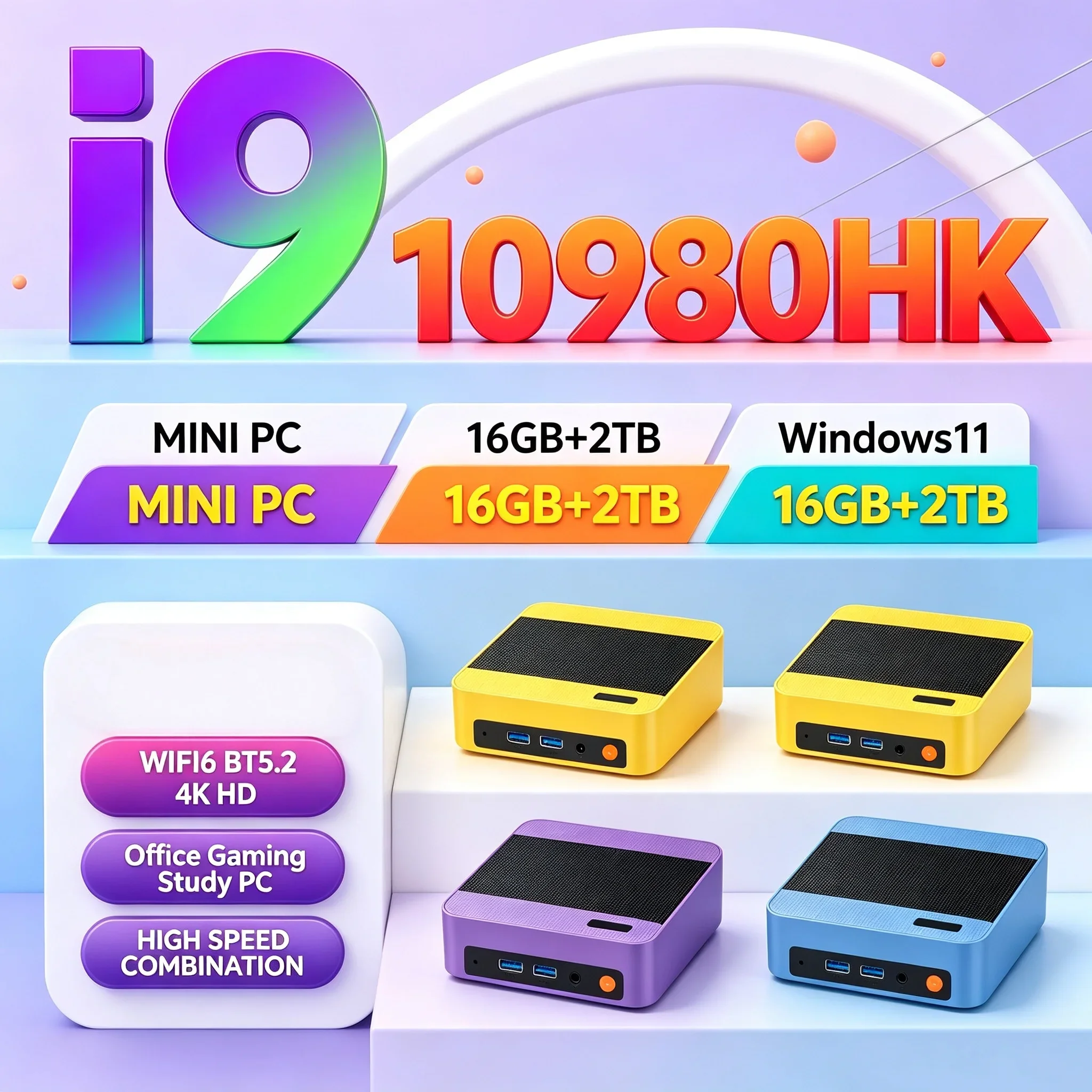 Multicolored Portable Mini PC Host Intel Core I9-10980HK 16GB Memory 1-2TB SSD Win11 WiFi6 Bluetooth5.2 Home & Business Computer