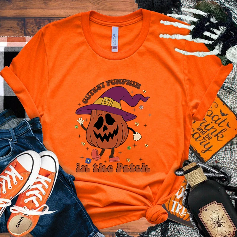 

Hot Sales Halloween Cutest Pumpkin In The Patch T Shirts Women Men Summer Cool Short Sleeves Personality Harajuku T-Shirt